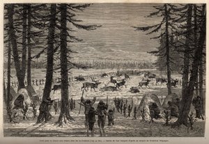 Das Korallenriff für die Rentierjagd im Co-Yukon (Co-Yukon oder Co-Youkouk) (Indianerstamm des äußersten Nordens Kanadas). Gravur zur Illustration der Reise und Abenteuer in Englisch-Kolumbien, Vancouver Island und Alaska, von Frederick Whymper