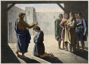Die Krönung Davids: Samuel ernennt David zum König von Israel. Anonyme Gravur des 19. Jahrhunderts.