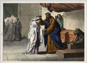 Die Krönung von Esther: Der persische König Assuerus I. (Xerxes I.) krönt seine Frau Esther. Anonyme Gravur des 19. Jahrhunderts.