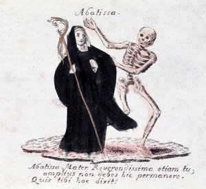 Der Totentanz, die Äbtissin und ein Skelett (Druck)
