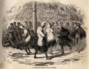 Der Tanz des Bayente oder Tanz des Teufels bei den Yahua-Indianern von Peru, organisiert zu Ehren des Mondes, findet jedes Jahr in einer Hütte im Wald statt; nach der Zeremonie werden die Hütte, Flöten und Trommeln sorgfältig verbrannt. Illustration von Unknown artist