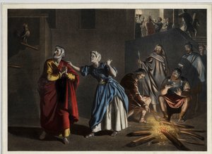 Die Verleugnung des heiligen Petrus: wie Christus vorhergesagt hatte, verleugnet Petrus Christus dreimal, während der Hahn den Tag ankündigt. Anonyme Gravur aus der Mitte des 19. Jahrhunderts. von Unknown artist