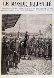 Abreise der Kompanie des 200. Regiments. Gruß an die Flagge im Gare de Lyon. „Die illustrierte Welt“. 23/03/1895. Zeichnung.