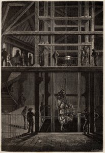 Der Abstieg eines Pferdes in die Creusot-Minen, verwendet in unterirdischen Tunneln für den Transport von Kohlenwagen. Gravur zur Illustration einer Reise nach Creusot und den Minen von Saone und Loire, im Jahr 1865, von L. Simonin, in „Le tour du monde, n von Unknown artist