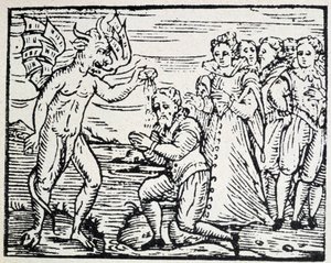 Der Teufel tauft betende Männer und Frauen - Gravur