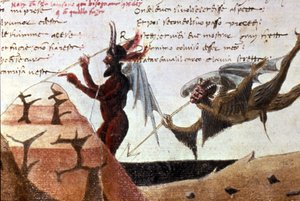 Die Teufel in einem Kreis der Hölle nach einer handschriftlichen Ausgabe der Divina Commedia (Göttliche Komödie) von Dante Alighieri (1265 - 1321) aus dem 14. Jahrhundert. Bibl.Trivulziana Mailand. von Unknown artist