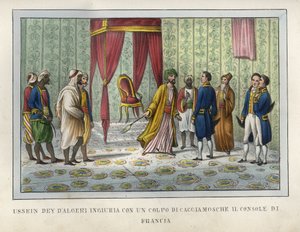Der Dey von Algier, Hussein, fühlte sich vom französischen Konsul Pierre Deval beleidigt und schlug ihm im April 1827 mit seinem Fliegenwedel. Dieses Ereignis war entscheidend für die Entwicklung der Ereignisse, die zur Eroberung von Algier im Jahr 1830 fü