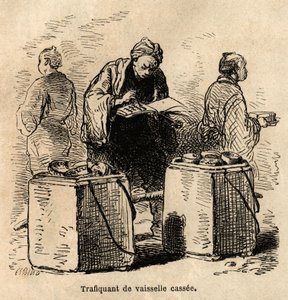Der schmutzige Geschirrhändler. Gravur zur Illustration der Reise nach Japan, von Aime Humbert, Minister der Schweizerischen Eidgenossenschaft, 1863-1864, veröffentlicht in "Le tour du monde", unter der Leitung von Edouard Charton, Hachette, Paris 1869. Se von Unknown artist