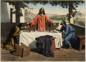 Die Jünger von Emmaus treffen den auferstandenen Christus am Abend des Osterfestes, der das Brot teilt. Anonyme Gravur aus der Mitte des 19. Jahrhunderts von Unknown artist