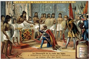 Die Entdeckung des Seewegs nach Indien: Empfang von Vasco da Gama durch den Samudrin von Calicut, Ende Mai 1498 - Werbevignette Liébig von Unknown artist