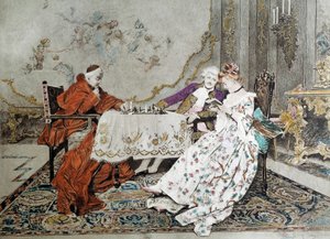 Der doppelte Part: Ein Kardinal spielt Schach gegen einen jungen Mann, der ein Verführungsspiel mit einer jungen Frau in seiner Nähe spielt von Unknown artist