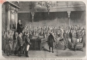 Der Duke of Wellington (Arthur Wellesley) steht an der Bar des House of Commons, um die Glückwünsche des Sprechers zu seinem Sieg bei Vimeiro, Peninsular War, entgegenzunehmen von Unknown artist