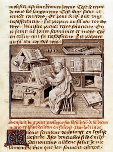 Der Geistliche, Kopist und Übersetzer Jean Mielot (gestorben 1472) bei der Arbeit in seinem Büro. Seite eines Manuskripts aus dem 15. Jahrhundert von Unknown artist