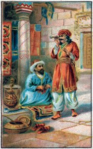 Das verzauberte Rohr. Geschichte von Prinz Ahmed und der Fee Paris-Banou (Pari Banou) (Paribanu). Märchen aus 1001 Nacht (Tales of the Thousand and One Nights). Chromolithographie aus dem späten 19. Jahrhundert.