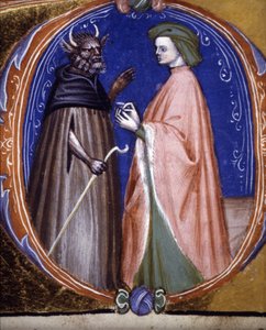 Die Begegnung mit dem Dämon. Manuskript aus dem 14. Jahrhundert. Biblioteca comunale di Rimini.
