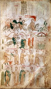 Der Einzug von Heinrich VI. des Heiligen Römischen Reiches (1165-1197) in Rom und seine Krönung zum Kaiser am 14.04.1191 durch Papst Celestin III. Seite aus „Liber ad honorem Augusti“ von Pietro da Eboli (Peter von Eboli) - (Codex 120, fol 105) 13. Jahrhun von Unknown artist
