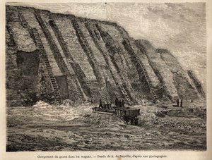 Die Ausbeutung von Guano (Exkremente von Seevögeln, die als Dünger in der Landwirtschaft verwendet werden), die Klippen der Chincha-Inseln (nahe der peruanischen Küste) sind für die intensive Ernte des Rohmaterials in Treppen gegraben, das in Wagen geladen