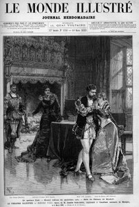Das letzte Quartett, das zweite Gemälde des vierten Akts, das im Raum des Schlosses von Kimbolt stattfindet. Szene der Oper Henry VIII von Camille Saint-Saens, aufgeführt an der Nationalen Musikakademie am 5. März.