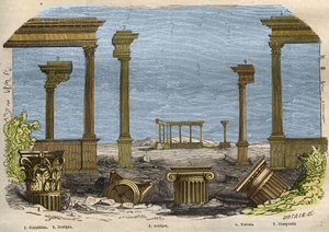 Die fünf Ordnungen der klassischen Architektur: Korinthisch, Dorisch, Ionisch, Toskanisch und Komposit, jeweils durch eine Säule dargestellt von Unknown artist