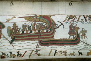 Die Flotte von Harold, die den Herzog der Normandie Wilhelm den Eroberer informiert, dass er Nachfolger der Krone von England wird