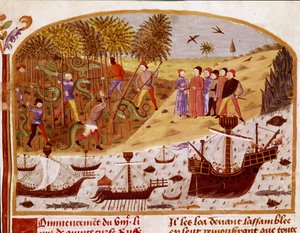 Die Flotte von König Alexander dem Großen. Miniatur aus „Buch der Taten Alexanders des Großen“ von Quintus Curtius Rufus (Quinte Curce) (1. Jahrhundert), um 1468 - (Ms 1335) Reims, Stadtbibliothek von Unknown artist