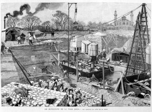 Die Fundamente des Eiffelturms: die Kästen auf der Seine-Seite - in „Illustration“ vom 14.05.1887