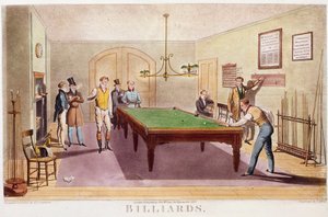 Das Billardspiel. Gentlemen der hohen englischen Gesellschaft spielen Billard. Gravur von 1827. Private Sammlung von Unknown artist