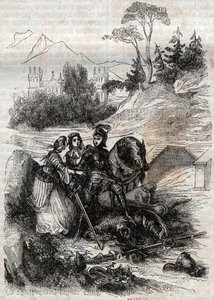 Der Riese Eriphile wird von Roger besiegt - Gravur von 1851 aus „Furioser Roland“ (Orlando furioso) (16. Jahrhundert) von Ludovico Ariosto, bekannt als der Ariosta - Ausgabe übersetzt aus dem Italienischen von Graf von Tressan und veröffentlicht von Gustav von Unknown artist