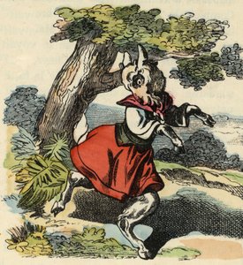 Die Ziege, Kleine Chevy. Illustration des Märchens „Bon medor und Kleine Chevrette“. In „Tales from the home for the little ones“. Anonyme Gravur des 19. Jahrhunderts