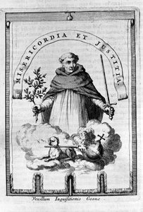 Das Banner der Inquisition in Goa, portugiesische Kolonie in Indien - Ein dominikanischer Vertreter trägt das Emblem der Inquisition: ein Schwert und ein Olivenzweig, Symbol der Bestrafung, aber auch des Friedens und der Gerechtigkeit von Unknown artist