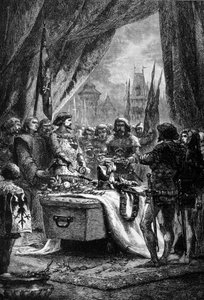 Der Gouverneur legte die Schlüssel von Chateauneuf de Randon auf den Sarg von Bertrand Du Guesclin (1320 - 1380), einem bretonischen Krieger und französischen Patrioten gegen die Engländer. Gravur aus dem 19. Jahrhundert. von Unknown artist