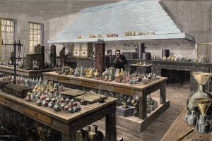 Das große Labor von Louis Pasteur (1822-1895), französischer Chemiker und Biologe, an der École normale supérieure - Gravur von Meyer 1884