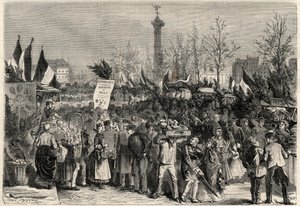 Der Schinkenmarkt, Boulevard Bourdon im 4. Arrondissement von Paris in der Nähe der Place de la Bastille. Ein Schild wirbt für Maultierfleisch (Hippophagie). Gravur in „Das illustre Universum“ von Unknown artist