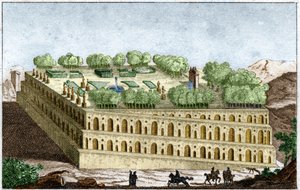 Die hängenden Gärten der legendären Königin Semiramis in Babylon, eines der sieben Weltwunder. Gravur von 1829 in „Old History“ von Rollin von Unknown artist