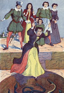 Die schreckliche Ogerin wird in den Tank geworfen. Anonyme Illustration für „La belle au bois dormant“, Märchen von Charles Perrault (1628-1703), französischer Schriftsteller. Bildmaterial Marcel Vagne, Jarville Nancy, undatiert (spätes 19. Jahrhundert)