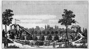 Der Sprung von Niagara in den Ruggieri-Garten, Rue Saint-Lazare in Paris um 1824. In „La Nature. Revue der Wissenschaften und ihrer Anwendungen auf die Künste und die Industrie“ 1888