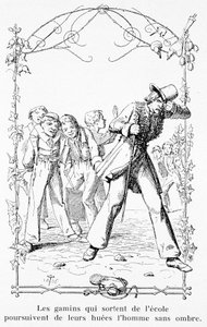 Die Kinder, die die Schule verlassen, jagen den Mann ohne Schatten - in „Die wunderbare Geschichte von Peter Schlemihl“ von Aldebert Von Chamisso