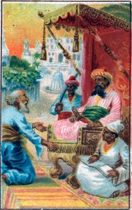 Der König und der Inder. Märchen „Geschichte des verzauberten Pferdes“ in „Tausendundeine Nacht“. Chromolithographie aus dem späten 19. Jahrhundert.
