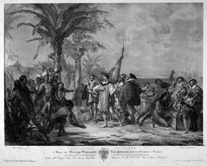 Die Landung von Christoph Kolumbus in San Salvador (Bahamas) am 12.10.1492. Gravur des 19. Jahrhunderts.