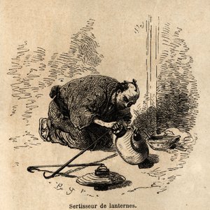 Der Laternenkrämer, ohne ein anderes Instrument als eine Zange, passt er den Papierlaternen ihren Rahmen aus Reifen und Drahtbügeln an. Illustration der Reise nach Japan, von Aime Humbert, Minister der Schweizerischen Eidgenossenschaft, 1863-1864, veröffe