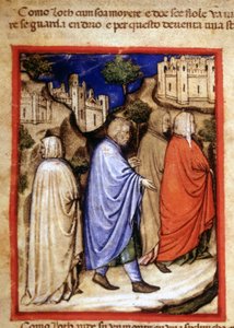 Die Flucht von Lot und seine Frau, die zur Salzsäule wurde, weil sie zurückblickte. Miniatur aus Codex 212 (oder Padovano Codice oder Bibel von Padua) 1390-1400 Rovigo, Accademia dei Concordi von Unknown artist
