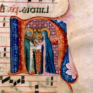 Der Buchstabe "N" mit einer Darstellung der Darstellung im Tempel: f.36v des Antiphonars