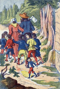 Der kleine Däumling sät Steine auf seinem Weg. Illustration für „Der kleine Däumling“, Märchen von Charles Perrault (1628-1703), französischer Schriftsteller. Anonyme Illustration. Bild von Marcel Vagne, Jarville Nancy, undatiert (spätes 19. Jahrhundert)