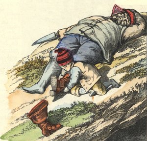 Der kleine Däumling stiehlt dem schlafenden Oger die Siebenmeilenstiefel. Illustration des Märchens „Le Pepetit Poucet“ von Charles Perrault