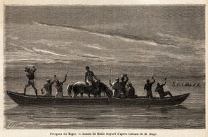 Die langen Kanus der Bambara auf dem Niger, die mit langen Stangen manövriert werden, können mehrere Personen und sogar Vieh oder Pferde transportieren. Illustration der Reise in den westlichen Sudan von Leutnant (Marine) M. Mage, 1863-1866, veröffentlicht