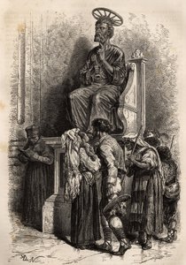 Der untere Fuß der Bronzestatue von St. Peter, ein Objekt der Verehrung für die katholischen Pilger, die die Vatikanische St. Peter-Basilika betreten. Gravur zur Illustration der Geschichte von Ludovic Celler: la semaine sainte à Rome, 1863, in „Le tour du von Unknown artist