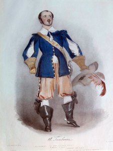 Der lyrische Sänger Antonio Tamburini (1800-1876) in der Rolle des Riccardo für die Oper „I puritani“ von Vincenzo Bellini (1801-1835), Aquarell von 1836. Paris, Bibliothek des Opernmuseums von Unknown artist