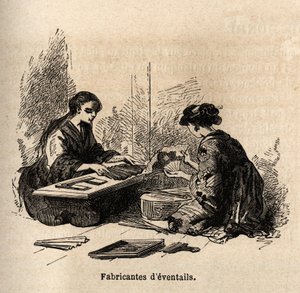 Die Herstellung von Fächern. Gravur zur Illustration der Reise nach Japan in den Jahren 1863-1864 von Aimé Humbert, Minister der Schweizerischen Eidgenossenschaft, in „Le tour du monde, nouveau journal des voyages“, herausgegeben von Edouard Charton