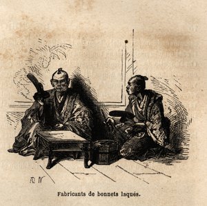 Der Hersteller von lackierten Bechern. Gravur zur Illustration der Reise nach Japan 1863-1864 von Aime Humbert, Minister der Schweizerischen Eidgenossenschaft, in „Le tour du monde, nouveau journal des voyages“, herausgegeben von Edouard Charton
