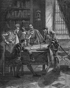 Der Marschall von Vieilleville steckt seinen Dolch in ein Patent, durch das der König von Frankreich Heinrich II. (1519-1559) ihm und den fünf anwesenden Herren das Recht zur Beschlagnahme aller Wucherer und Lutheraner von Guienne, Limousin, Quercy und S von Unknown artist